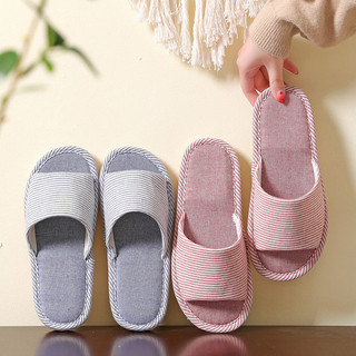 Pinstripe Vải Lanh Bốn Mùa Mùa Hè Nam Nữ Cặp Đôi Vải Lanh Cotton Mở Mũi Dép Trong Nhà Sàn Gỗ Nhà