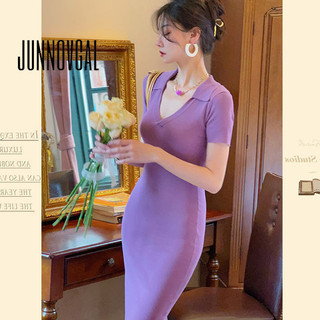 JUNNOVGAL Nữ Midi Đầm Tay Ngắn Màu Trơn Cắt Thấp Phong Cách Mới Nách Eo