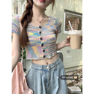 Áo Coquette Tay Ngắn Áo Kiểu Nữ ôm body Áo len ngắn tay sọc đầy màu sắc Áo thun nữ mùa hè ngọt ngào cay mỏng hơn trông ngắn hàng đầu