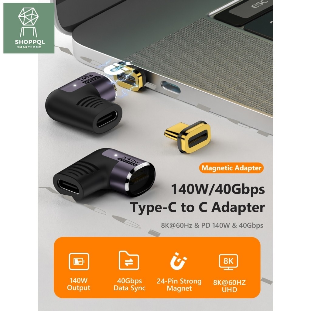 [140W 40Gbps/8K] Bộ đầu chuyển đổi nam châm từ tính Type C sang Type C USB3.2 140W 40Gbps xuất video