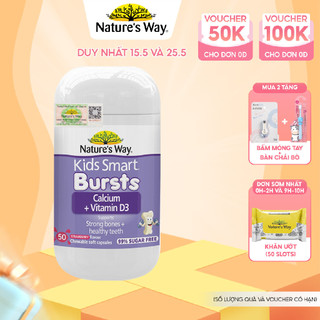 Viên Nhai Cho Bé Nature’s Way Kids Smart Calcium + Vitamin D3 Burstlets Bổ Sung Canxi, Tăng Chiều Cao Cho Bé Hộp 50 Viên