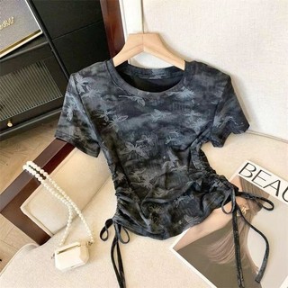 Retro Bướm Smudge Dây Rút Eo Ngắn Slim-fit Áo Thun Nữ Mùa Hè Mỏng Phong Cách Gạc