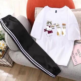 Sét Áo In Mèo 3D Công Nghệ Cao Phối Quần Đen Bo Gấu, Vải Thun Cotton, Không Xù, Không Phai Màu - DVGIT