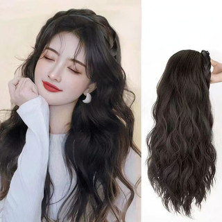 Tóc giả dành cho người phụ nữ tóc dài xoăn và thẳng tóc giả đen lười tóc giả đội đầu chiên bột xoắn tóc giả một mảnh tóc giả