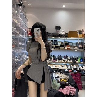 Thiết Kế Cảm Giác Phối Ren Không Đều Slim-Fit Áo Thun Nữ Mùa Hè Phong Cách Mới Hot Girl Narrow-Waisted Top