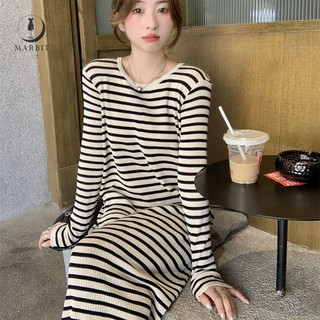 Đầm Midi Dệt Kim Tay Dài Họa Tiết Kẻ Sọc Phong Cách Vintage Cho Nữ FHS