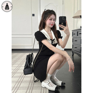 Hormoo Váy ngắn tay nữ polo Pháp phong cách mới thắt lưng giảm béo nơ váy ngắn thông thường