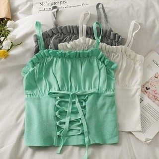 Phong Cách Pháp Cẩn Thận Máy Cắt Ngắn Rốn Crop Nấm Edge Slim fit Camisole Nữ Phong Cách Mới Dây Rút Ren-