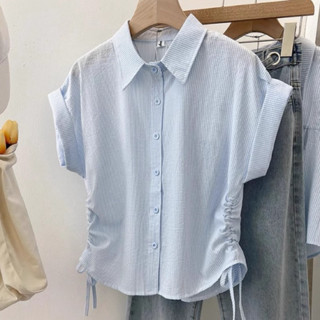 Áo sơ mi croptop kẻ xốp dây rút eo buộc nơ tay gấp cánh rơi (mẫu mới)