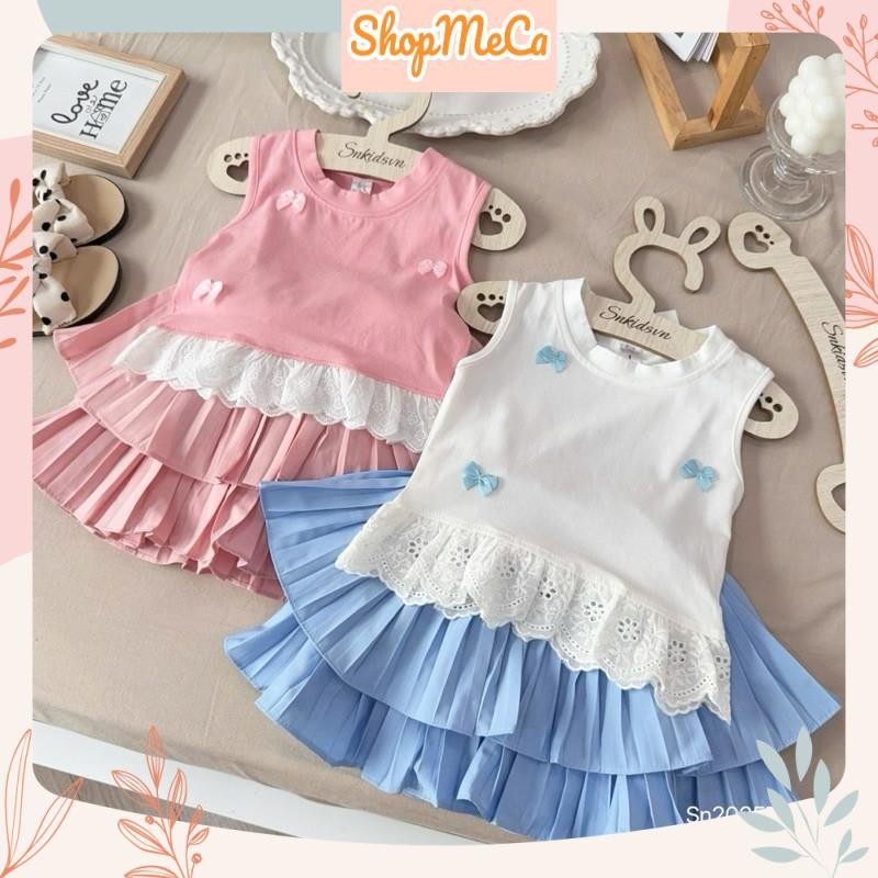 (SN11) Set bộ bé gái, Set áo ba lỗ sát nách phối nơ bèo ren kèm chân váy tầng xếp ly cho bé gái