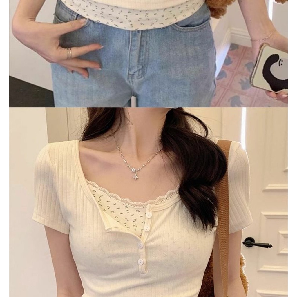 Meet-Adm Áo Thun Nữ  Cổ Tròn Giá 2 Lớp Viền Ren Hoa Nhỉ Ngắn Tay Phong Cách Tiểu Thư Hàn Quốc Coquette | BigBuy360 - bigbuy360.vn