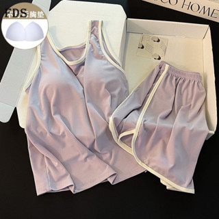 Bộ đồ ngủ vải lụa băng FDS có đệm ngực, áo vest nữ thoáng khí, áo camisole co giãn, bộ cơ bản đồ mặc trong nhà