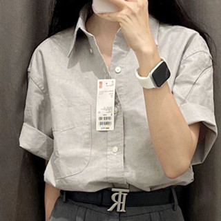 Xám Nguyên Chất Cotton Ngắn Tay Áo Sơ Mi Nữ Xuân Hè Mỏng Thiết Kế Niche Rời Áo Sơ Mi Pháp Cao Cấp Top