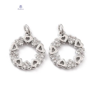 2 Mặt dây chuyền bằng đồng thau Micro Pave Cubic ia có vòng nhảy Mạ lâu trôi Không chứa Cadmium & Không chì Tròn phẳng có trái tim Bạch kim 13,5x12x1,5mm Lỗ: 2,6mm