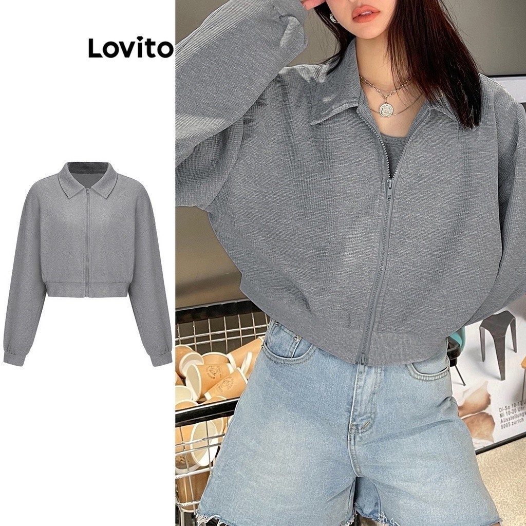 Áo sweatshirt Lovito màu trơn phối khóa kéo phong cách thường ngày cho nữ L58AD050 (Xám)