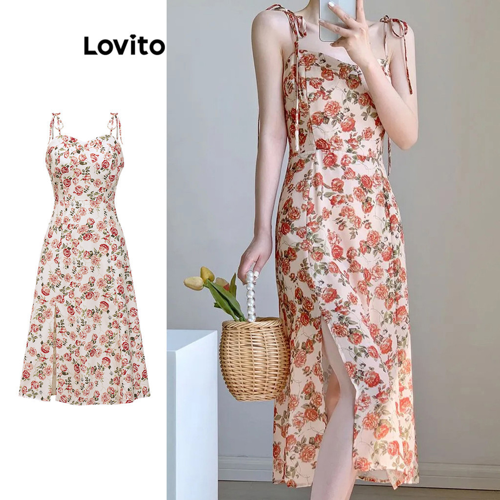 Đầm Lovito xẻ tà buộc dây có họa tiết màu trơn phong cách thường ngày cho nữ L86ED195