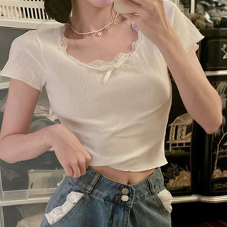 Hàn Quốc tay ngắn nơ ren hoa ngọt ngào crop top nữ phong cách cay mỏng nơ áo thun