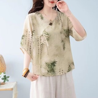 Mẹ Trung Niên Cotton Vải Lanh Top Áo Thun Nữ 2024 Rời Kích Thước Lớn Thời Trang Phong Cách Phương Tây Vải Lanh Giảm Tuổi