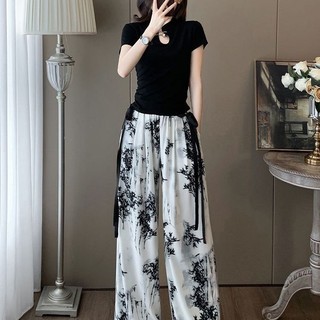 Ruidiandian Retro Giải Trí Thể Thao Nữ Mùa Hè Mới Thời Trang Áo Thun Tay Ngắn Mực Phong Cách Trung Hoa Quần Ống Rộng Bộ Hai Mảnh