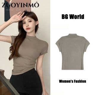 Áo sơ mi ZUOYINMOKnitted cổ cao tay ngắn thời trang mùa hè 2024 dành cho nữ