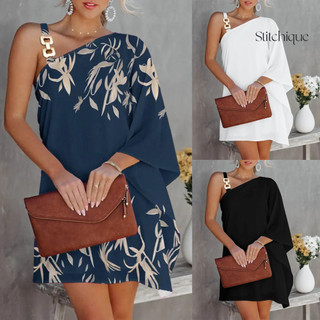 Stitchique _ Dây đeo nút kim loại Lá in hình dáng rộng Đầm nữ cổ chéo gợi cảm Váy tay dơi một vai cho bữa tiệc