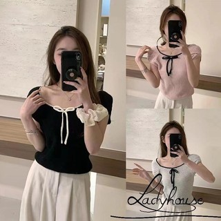 Ldd-áo dệt kim nữ Nơ tay ngắn cổ tròn màu sắc tương phản Áo thun Crop thông thường