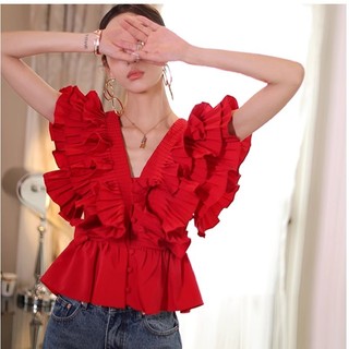 Yoyo ~ Áo sơ mi cổ chữ V kiểu Pháp Áo sơ mi màu đỏ xếp li ren ngắn Áo sơ mi nữ không tay