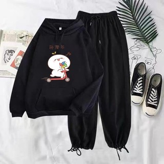 Sét Áo hoodie Bé mầm cưỡi xe + quần bom đen, Áo thun nam nữ, from rộng mặc thoải mái DVGIT