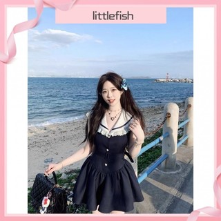 [Littlefish] Váy không tay phong cách Preppy cho bé gái Mùa hè Phong cách mới Cổ áo hải quân Váy chữ A eo hẹp Váy ngắn khâu màu tương phản có sẵn trong