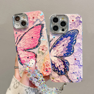 Ốp điện thoại họa tiết hình con bướm đẹp có dây chuyền kim cương màu cho iphone 15 14 pro max 14pro 12 13 pro max 11 Ốp lưng silicon chống rơi có màng bảo vệ ống kính
