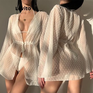 Áo kimono khoác ngoài Lovito màu trơn buộc dây phong cách Boho cho nữ LNL37127