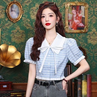 T-shirt Shory Style Summer Design Sense Sweet Blouse Top Bow Young Women's Plaid French Puff Sleeve T9QB