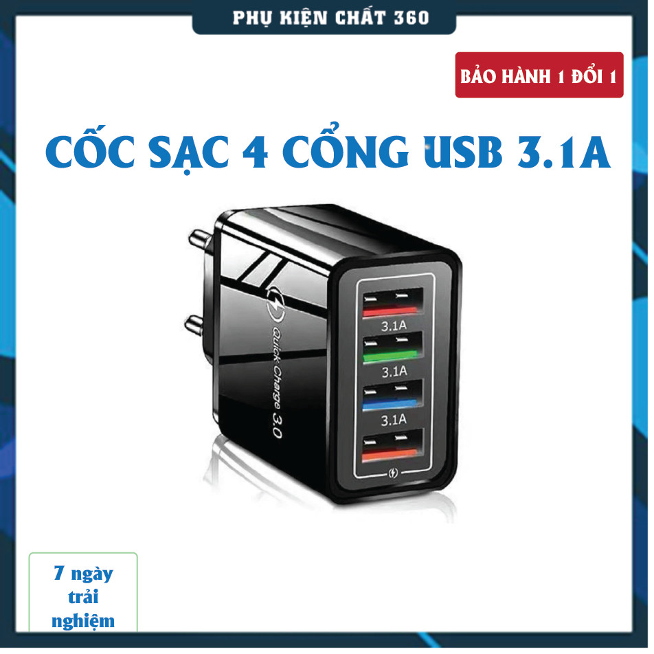 Củ sạc đa năng 4 cổng USB 3.1A. Củ sạc điện thoại 4 cổng. Cốc sạc nhanh 4 USB. Củ sạc nhanh 4 cổng