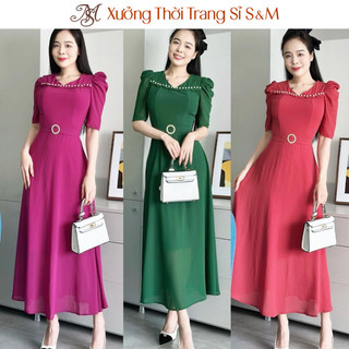 Đầm maxi form dài, bèo ngực đính ngọc, khoen eo, tay phồng - GR0307 (Hình thật shop chụp)