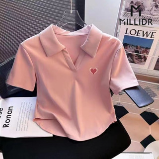 Áo polo trái tim hồng cotton nguyên chất, áo thun nữ tay ngắn, mùa hè, dáng ôm, áo ngắn không đều