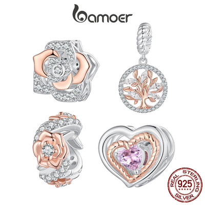 Bamoer 925 Sterling Sliver Charm Tree of Life Hoa Hồng Trái Tim Tình Yêu Ôm Mặt Dây Chuyền Phụ Kiện Series Cho Vòng Tay