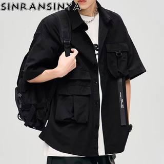 Sinransinya Áo Sơ Mi Nam Mới Nhật Bản Retro Thường Ngày Sang Trọng Màu Trơn Thiết Kế Nhiều Túi Hip Hop Rời Cặp Đôi Thời Trang Cổ Polo Nửa Tay Áo