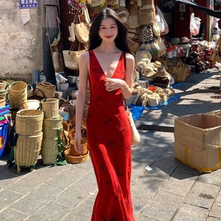 Weird Puss Lạ Puss Thanh Lịch Váy Maxi Cổ Chữ V Tắt Tay Skinny Đa Năng Mùa Hè Đường Phố Ngày Lễ Bầu Không Khí Phong Cách Thiết Kế Cao Cấp Thời Trang Mùa Hè Nữ 2024 Hot Mới