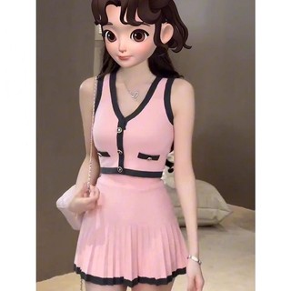 Áo Vest Dệt Kim Màu Hồng Phù Hợp Với Nữ Mùa Hè Slim-fit Áo Cao Cấp Chữ a Xếp Ly Váy Hai Mảnh Phù Hợp Với