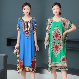 Phong Cách Bohemian Thẳng Rời Tay Ngắn Nữ Retro In Hình Cổ Tròn Chữ A Đầm Thời Trang Mới Kỳ Nghỉ Dài Đi Biển Đầm QQCP