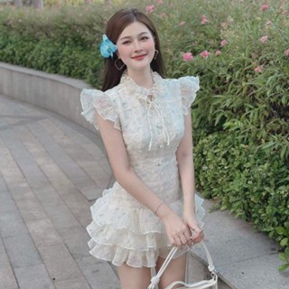 Váy tơ hoa nhí tay bèo chân tầng dáng ngắn tiểu thư đầm dạo phố thiết kế bèo cổ HN Clothing V271