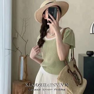 Xiaozhainv Quần áo nữ Hàn Quốc Áo thun dệt kim ngắn tay, Áo ngắn tay mỏng mỏng cho mùa hè
