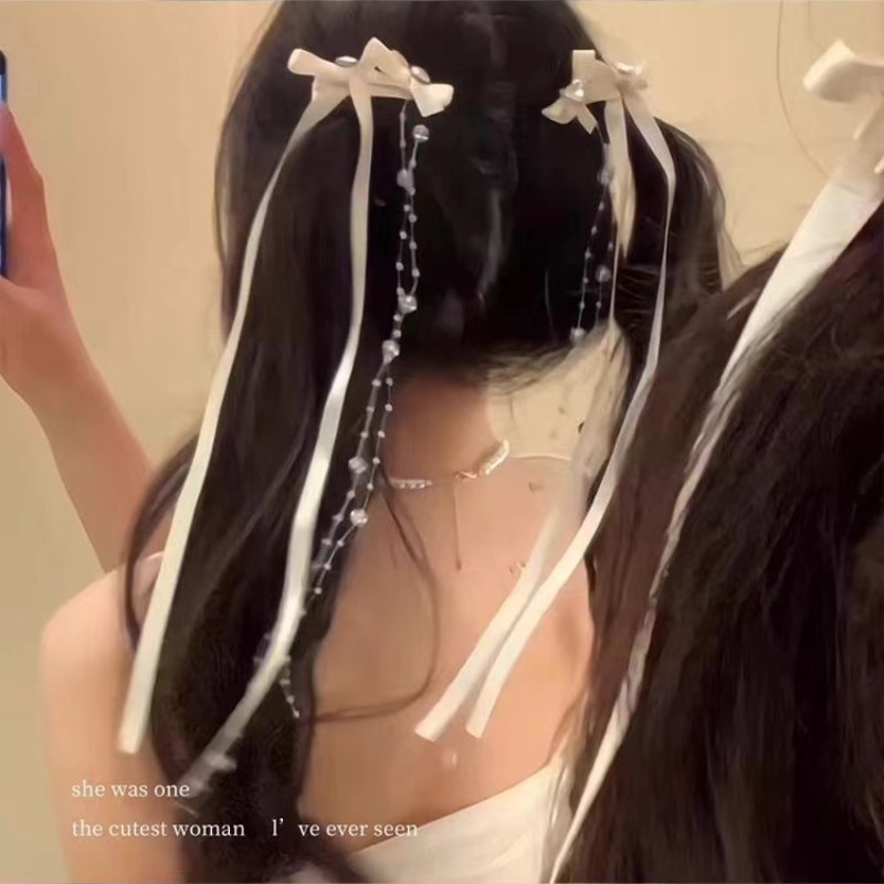 Hàn Quốc Ngọt Nơ Ruy Băng Tóc Ngọc Trai Tua Rua Mỏ Vịt Kẹp Phụ Kiện Tóc Thời Trang Cho Nữ