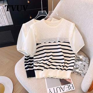 Tvuv Plus Size Mỏng Ren Chắp Vá Rỗng Đan Cánh Hoa Edge Áo Thun 11773