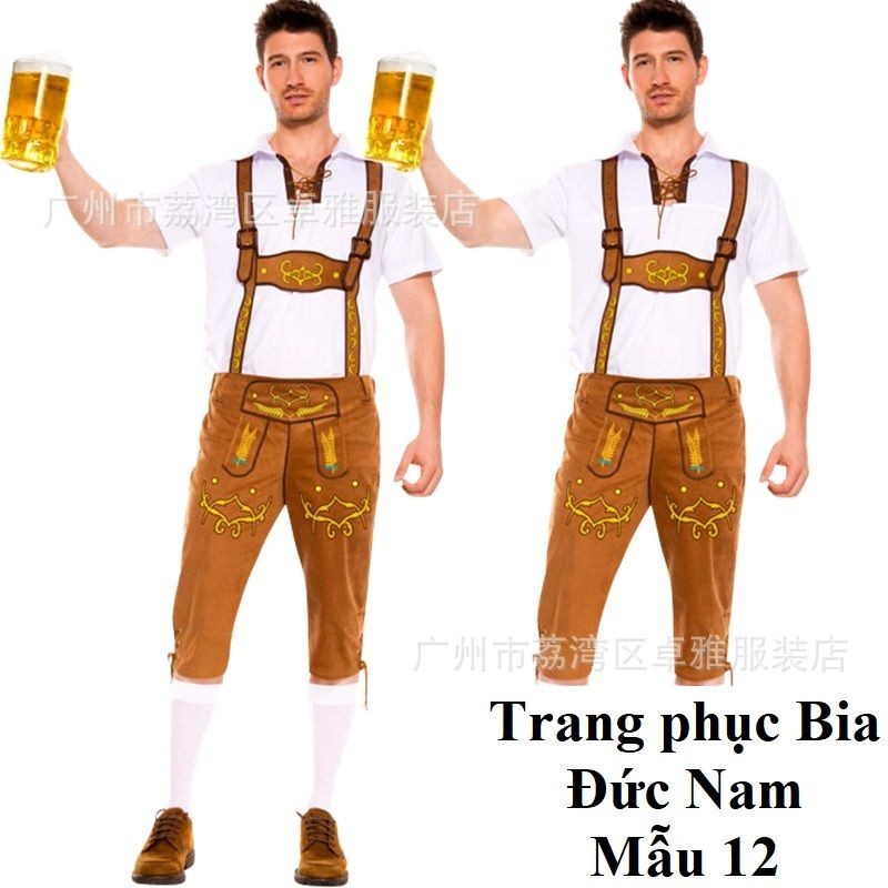 (Mẫu 12) Quần áo Nam Phục Vụ Bia Đức Áo Trắng Quần Nâu/  Trang phục truyền thống lễ hội bia Đức Okto