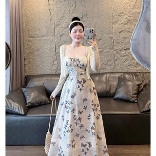 BIGSIZE NÀNG BÉO ĐẦM 2 DÂY DÁNG DÀI HOẠ TIẾT KÈM ÁO KHOÁC TAY DÀI 55-95KG