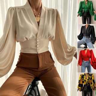 Ayyufe Cổ Chữ V Nút Placket Eo Co Chặt Còng Áo Sơ Mi Crop Lantern Tay Dài In Hoa Áo Sơ Mi Cổ Điển Quần Áo Nữ