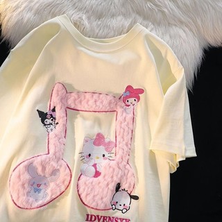 Cotton Nguyên Chất Mùa Hè Thêu Ngắn Tay Kitty Áo Thun Nam Nữ Tay Ngắn Sinh Viên