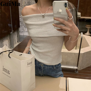 Guima Sọc Ống Top Áo Thun Màu Trơn Hàn Quốc Tay Ngắn Gợi Cảm Một Vai Nữ Top