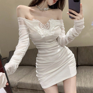 Pure Desire Phong Cách Ba Chiều Bướm Một Cổ Đầm Nữ Thu Đông Slim-fit Ôm Hơn Nhìn